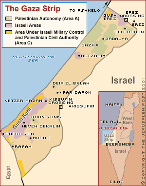 Oversigtskort over Gazastriben: 1993-94 - august 2005