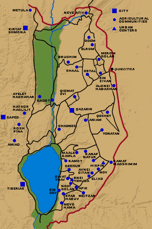 Golanhøjderne med byer, kibbutzer og moshavim