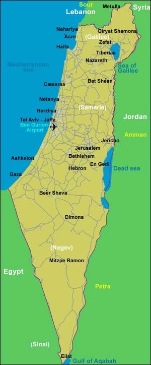 Kort over Israel, Samaria, Judæa, Golan og Gazastriben