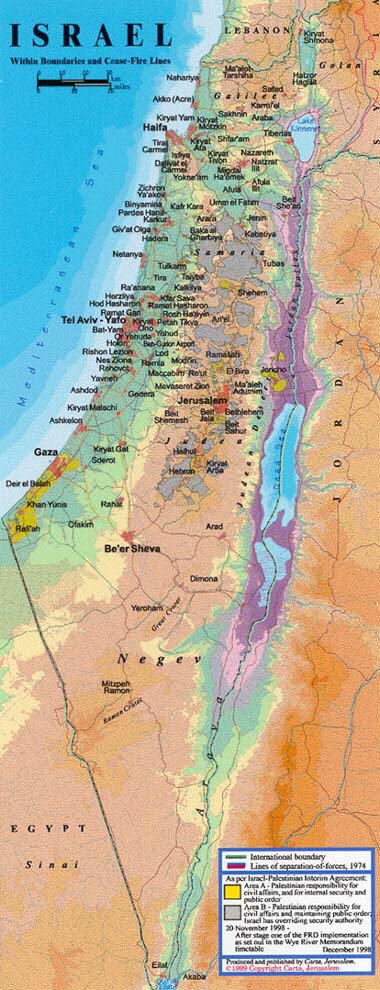 Kort over Israel, Vestbredden, Samaria, Judæa, Golan og Gazastriben