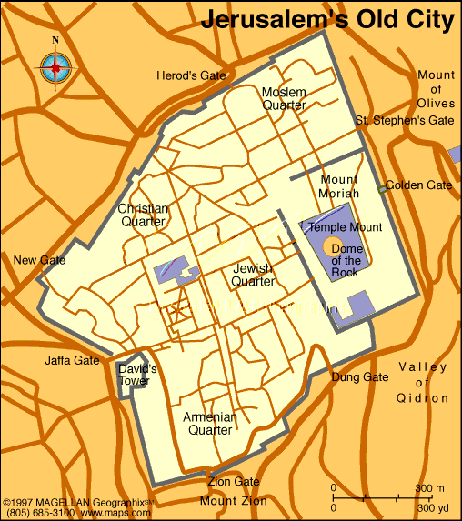 Kort over Den Gamle By i Jerusalem