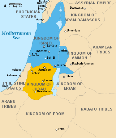 Kort med de to kongedømmer Israel (Samaria) og Judæa i det 9. århundrede
