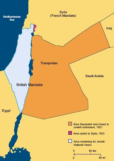 Kort med det engelske mandatområde, Palæstina og Transjordanien