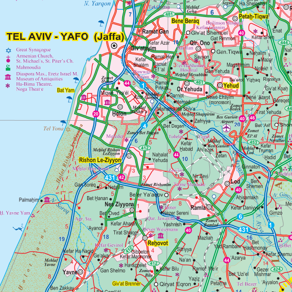 Vejkort over Tel Aviv - Yafo (Jaffa) og Tel Aviv Distriktet